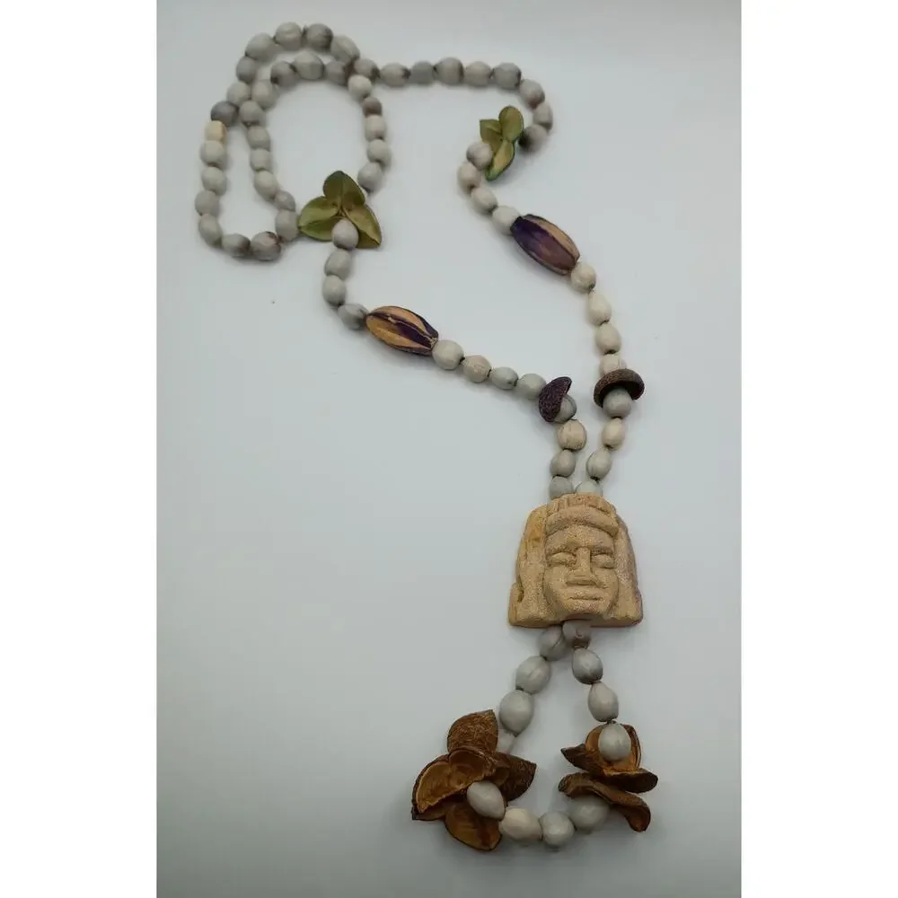 Vintage Mayan Carved Stone & Seed Pod Necklace